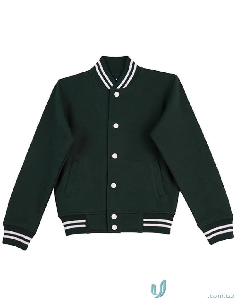 Dark green kids fleece varsity jacket with white trim from Winning Spirit Kids Fleece Varsity