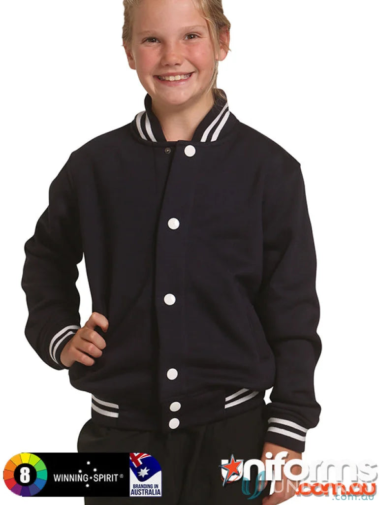 Navy blue kids fleece varsity jacket from Winning Spirit Kids Fleece Varsity collection