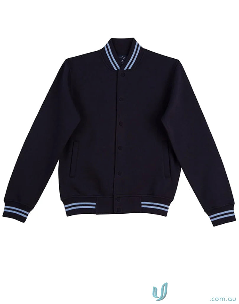 Kids fleece varsity jacket in navy blue with light blue stripes from Winning Spirit Kids Fleece Varsity collection