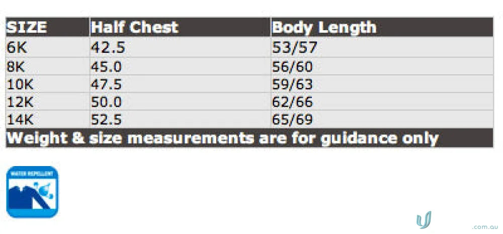 Size chart for Winning Spirit Kids Legend Warm Up Jacket showing kids legend sizing