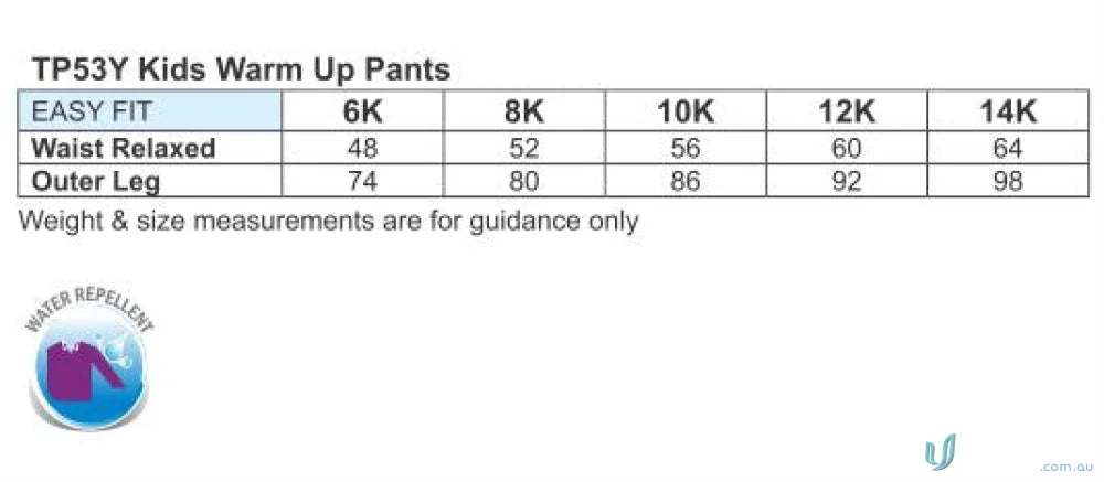 Kids legend warm warm-up pants size chart showing zip-up leg openings for Winning Spirit Kids