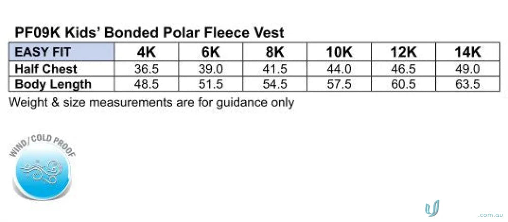 Kids fleece vest size chart for Winning Spirit Micro Bonded Polar Fleece Vest