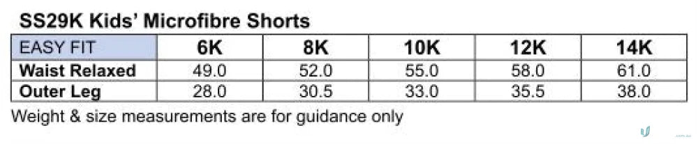 Kids microfibre sport shorts size chart with waist and leg measurements for Winning Spirit Kids
