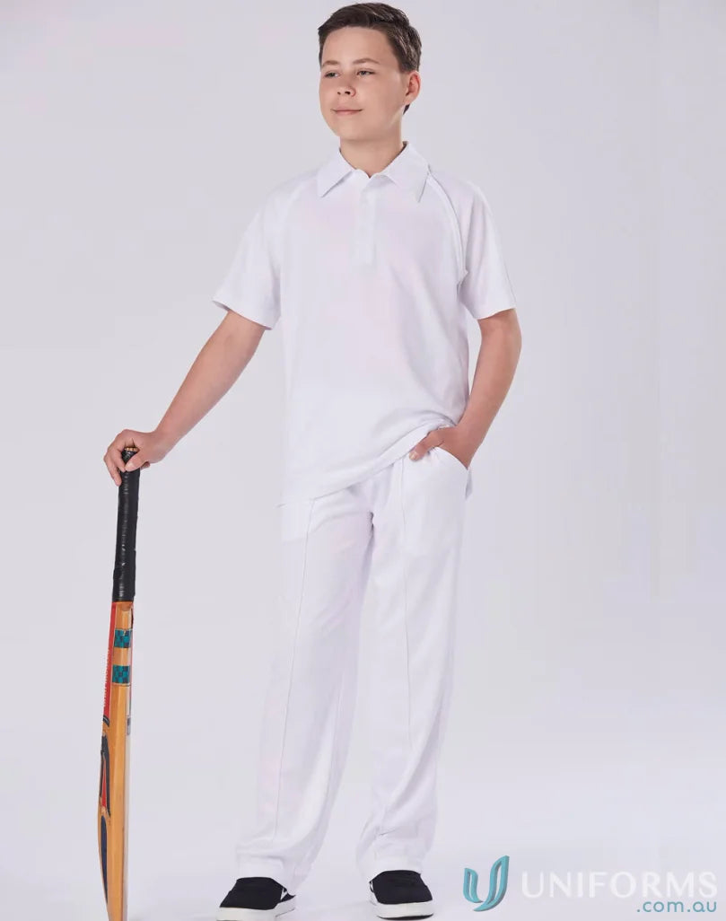 Kids cricket polo with white uniform and bat, perfect for ps29k truedry ss cricket