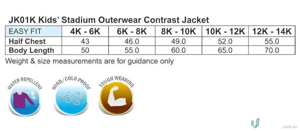 Kids stadium jacket size chart and features for Winning Spirit Kids JK01K jacket