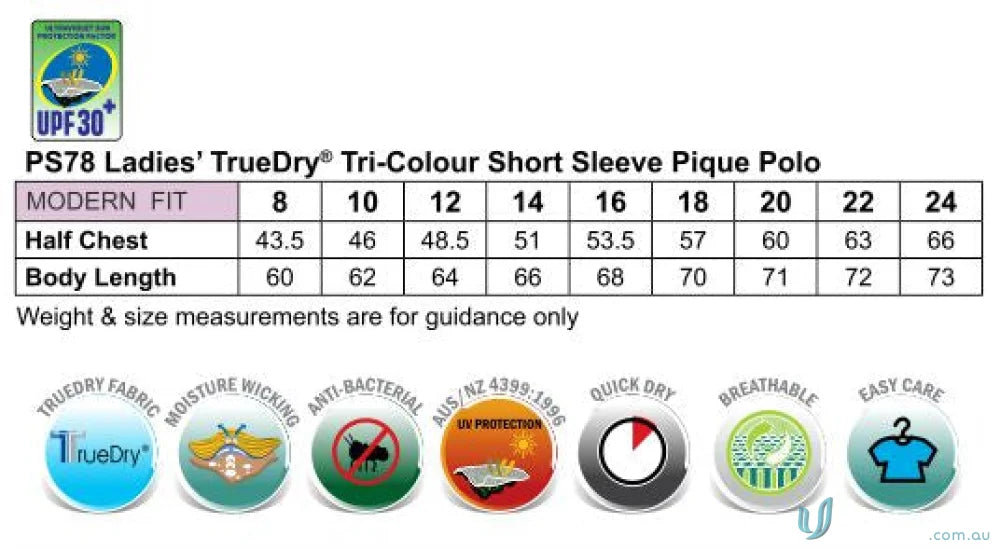 Ladies Arena Polo size chart for Winning Spirit Ladies with Truedry™ Pique Fabric