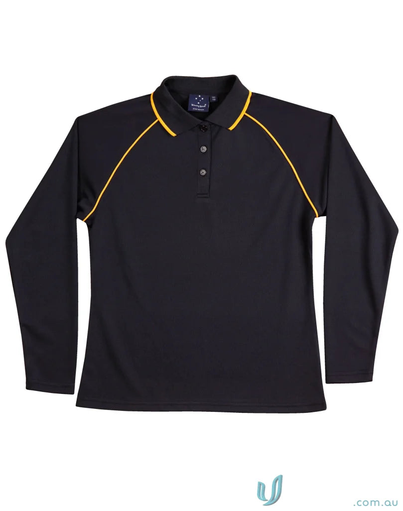 Black ladies champion raglan contrast polo with yellow piping and cooldry® mesh fabric