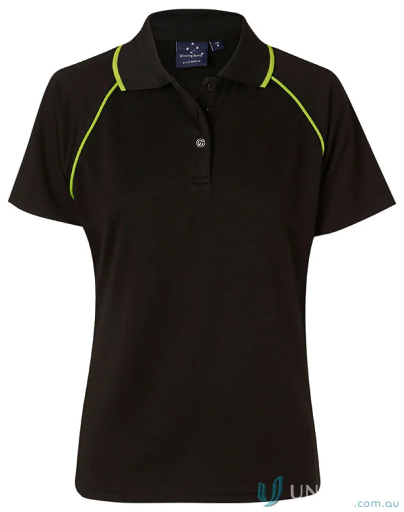 Winning Spirit Ladies Champion Raglan Polo in black with lime green piping on short sleeves
