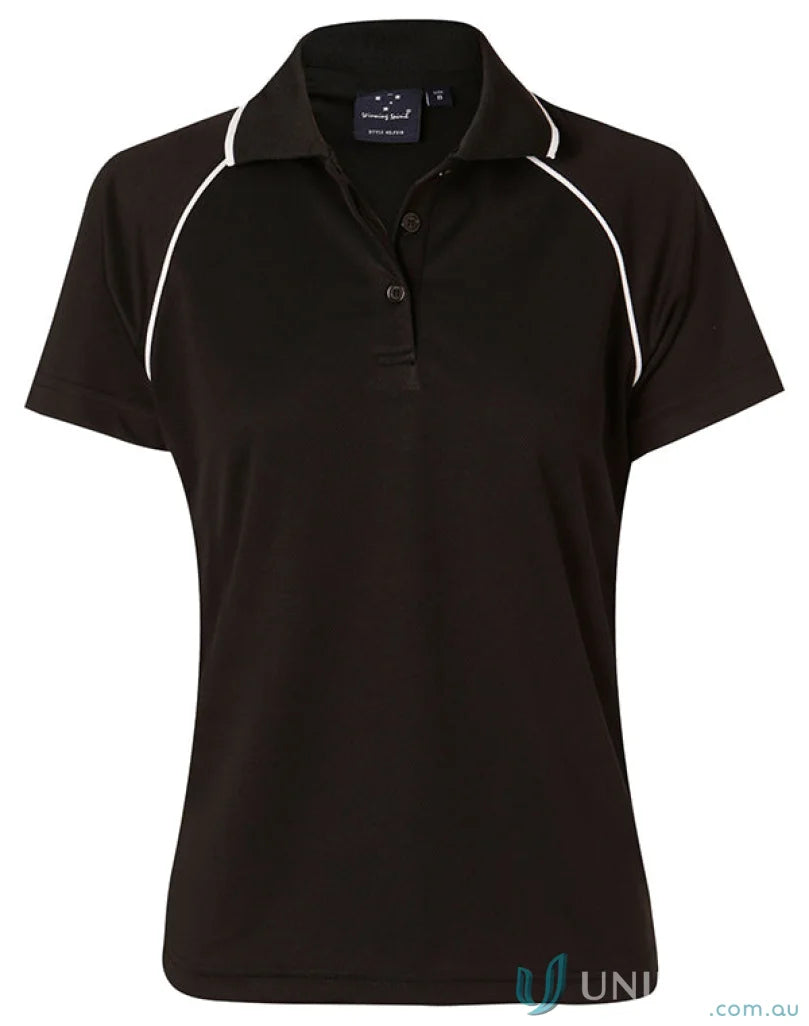 Winning Spirit Ladies Champion Raglan Polo in black with white piping on sleeves and collar