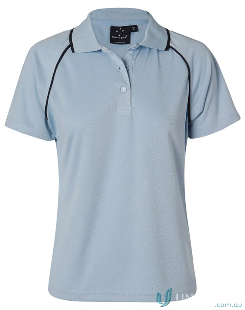 Light blue Winning Spirit Ladies Champion Raglan Polo with short raglan sleeves and dark piping