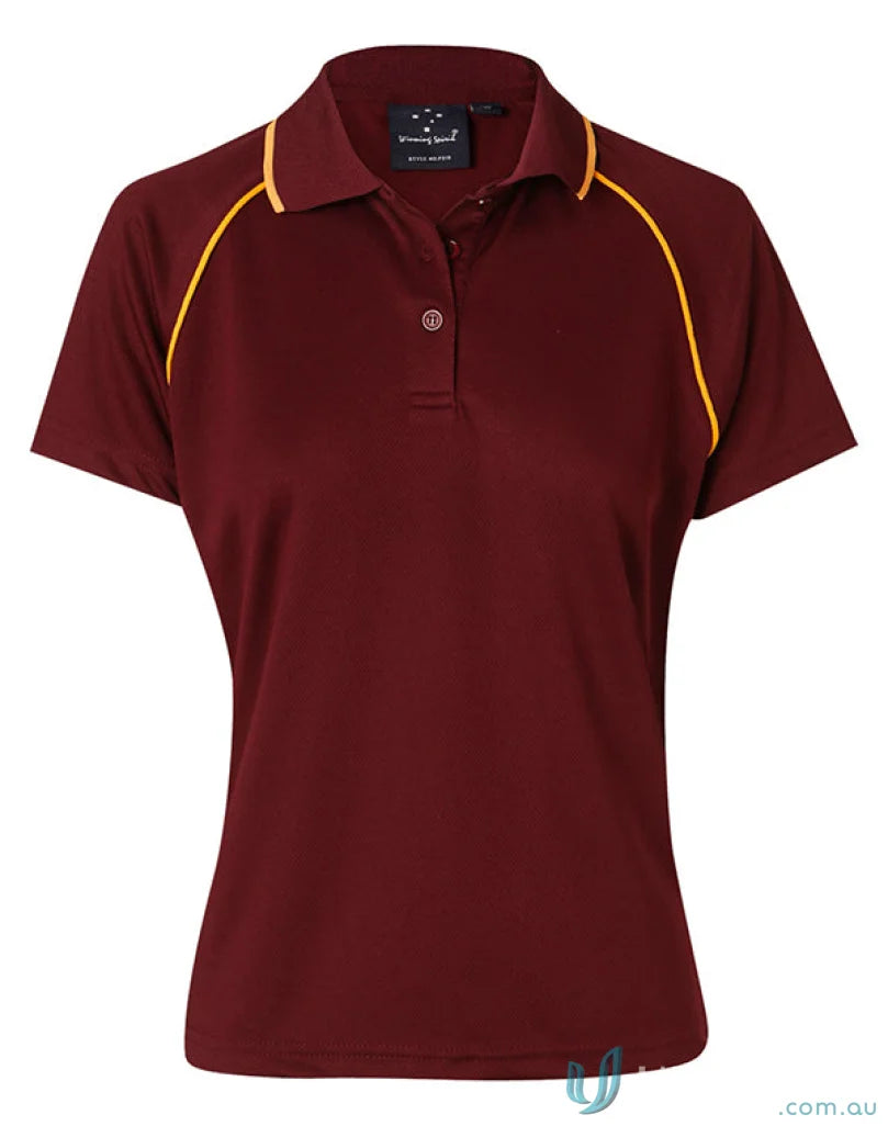 Winning Spirit Ladies Champion Raglan Polo in maroon with yellow piping for women