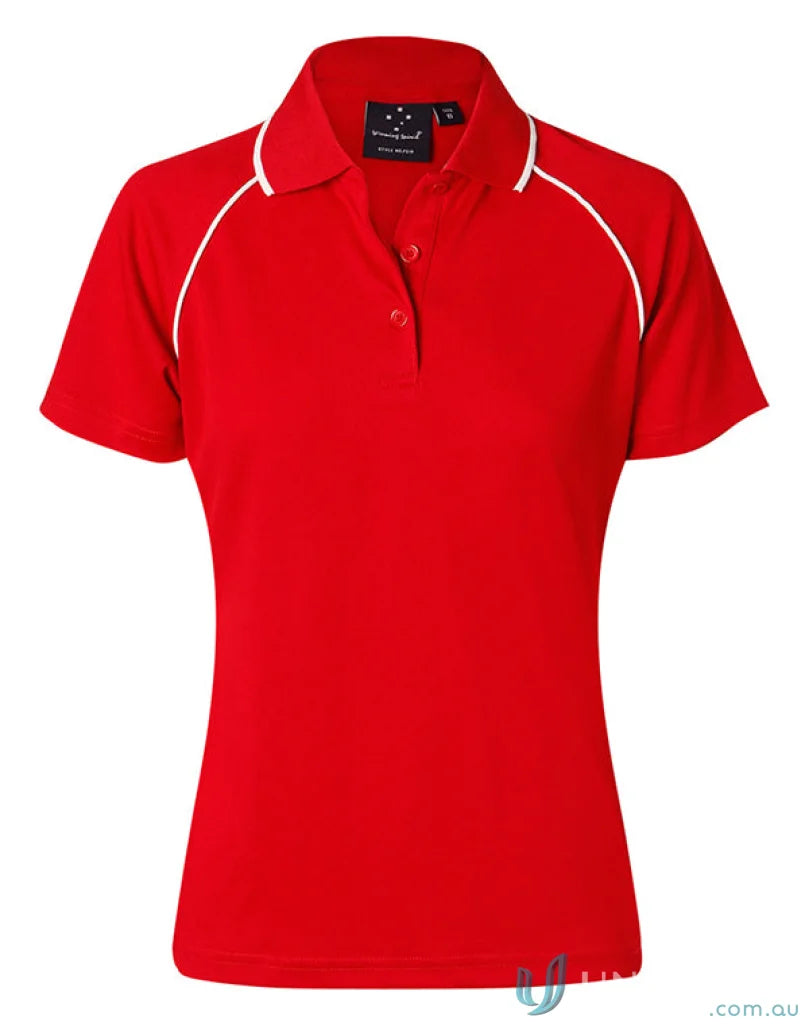 Red Winning Spirit Ladies Champion Raglan Polo with white piping and two-button placket
