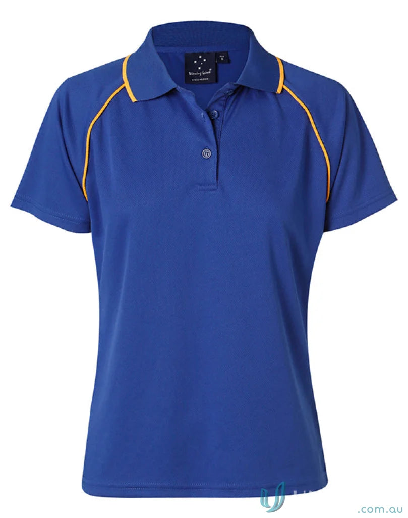 Winning Spirit Ladies Champion Raglan Polo in royal blue with yellow piping and short sleeves