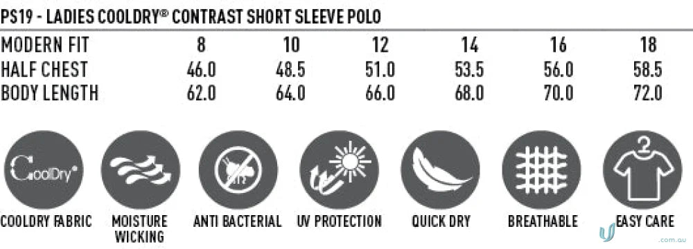 Winning Spirit Ladies Champion Raglan Polo with size chart and performance features