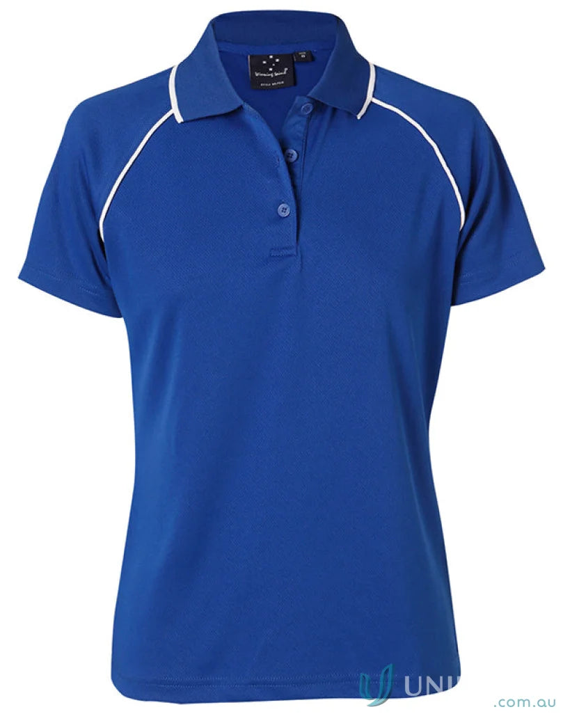 Vibrant blue Winning Spirit Ladies Champion Raglan Polo with white piping for women