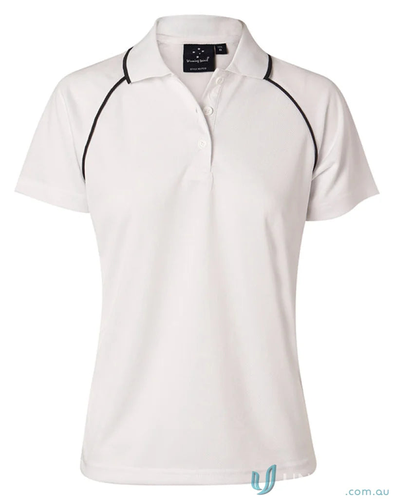 Winning Spirit Ladies Champion Raglan Polo shirt with black piping on collar and sleeves