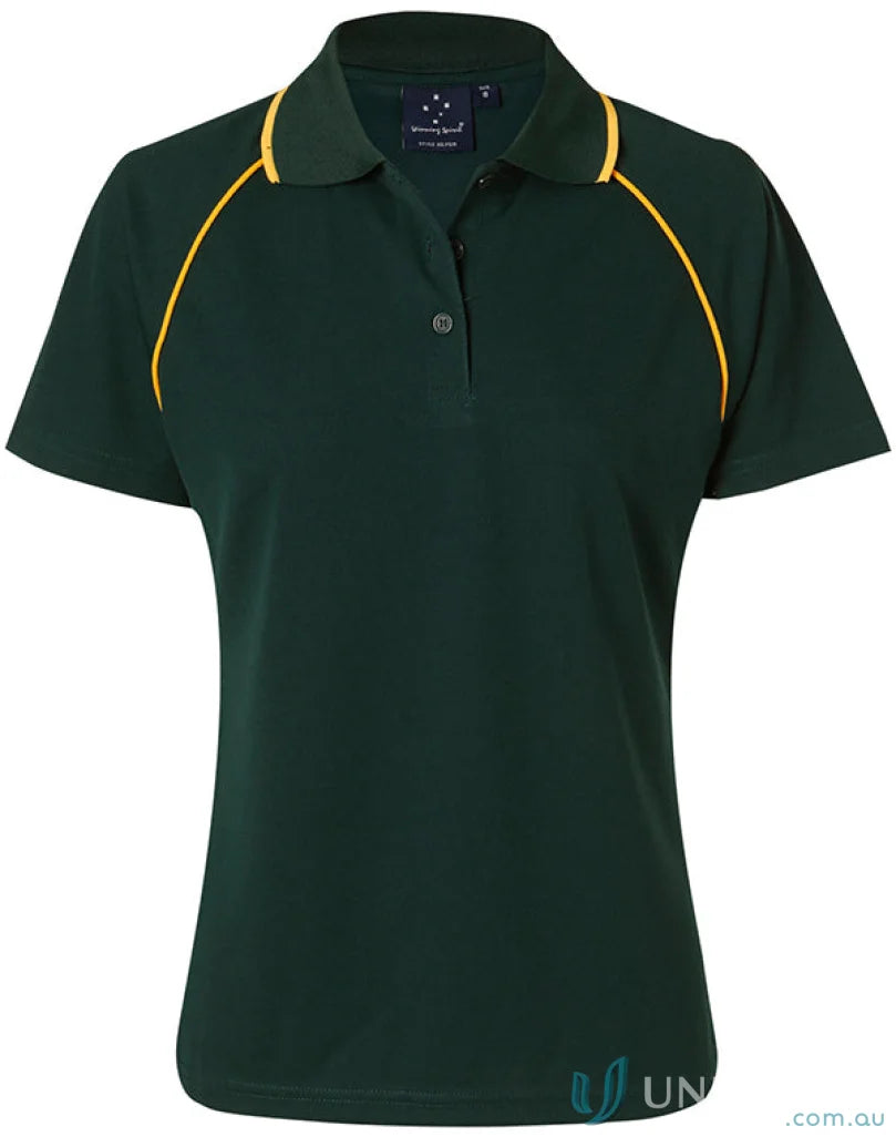 Winning Spirit Ladies Champion Raglan Polo in dark green with yellow piping details