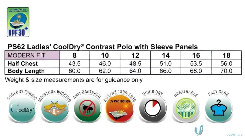 Ladies cooldry Winning Spirit Ladies CoolDry Alliance Polo size chart and features image