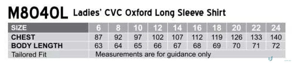Size chart for Winning Spirit Ladies CVC Oxford L/S Shirt M8040L