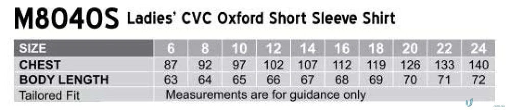 Sizing chart for Winning Spirit Ladies CVC Oxford S/S Shirt m8040s oxford short sleeve