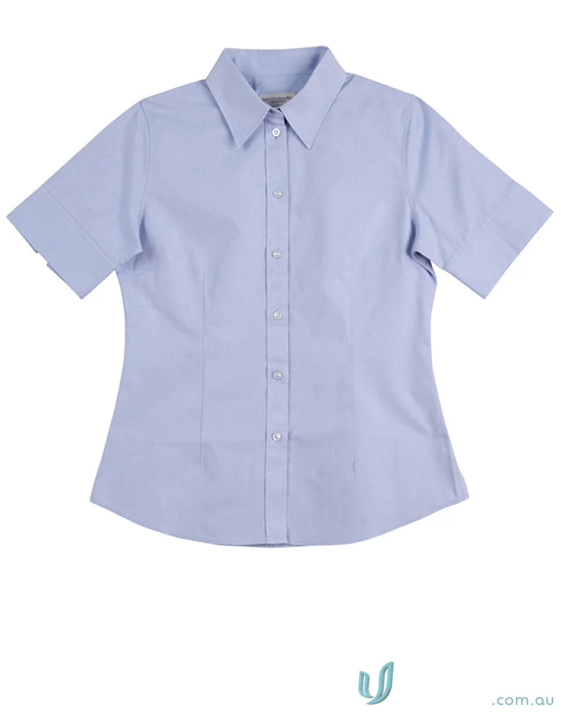 Light blue ladies CVC Oxford S/S shirt with collar and buttons, style m8040s