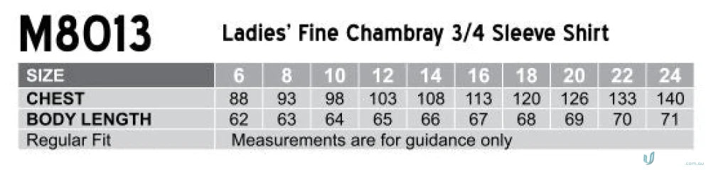 Ladies fine chambray 3qtr shirt size chart for Spirit Ladies Fine collection