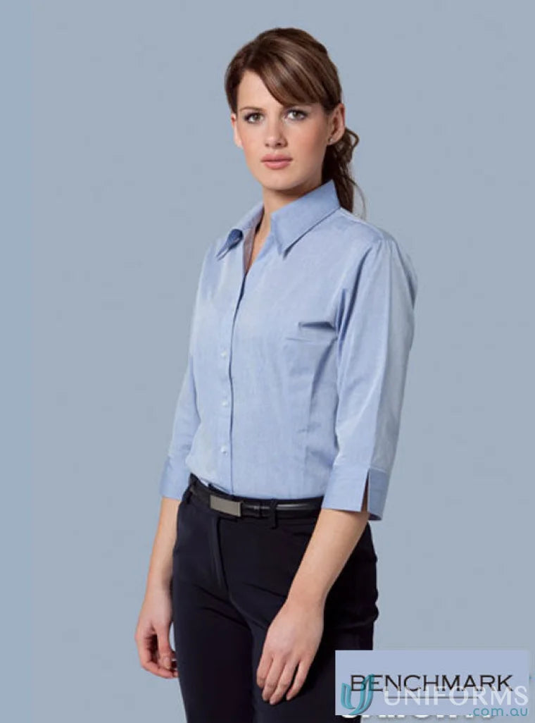 Woman wearing Winning Spirit Ladies Fine Chambray 3Qtr Shirt in light blue style