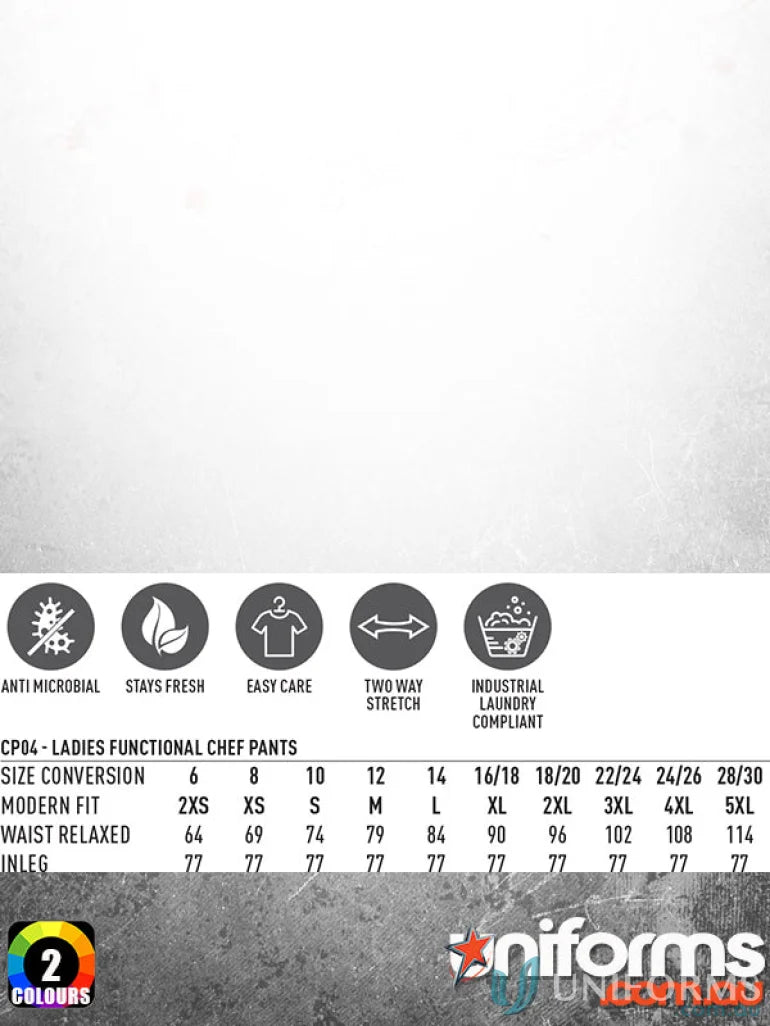 Winning Spirit Ladies functional chef pants size chart for CP04 ladies functional chef pants