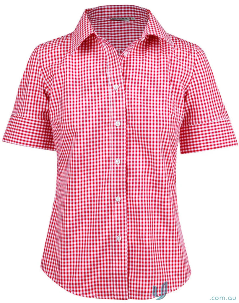 Winning Spirit Ladies Gingham Roll Up S/S Shirt with red and white gingham check pattern
