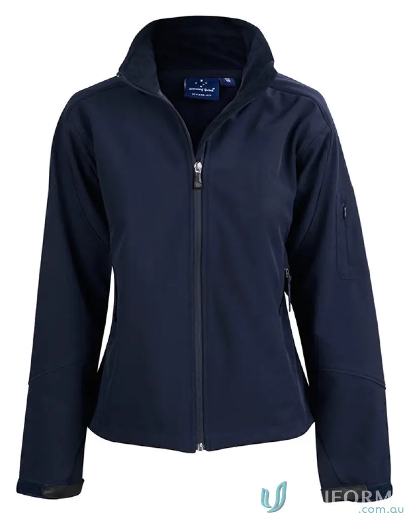 Winning Spirit Ladies HiTech Softshell Jacket in dark blue with zip pockets and stand-up collar