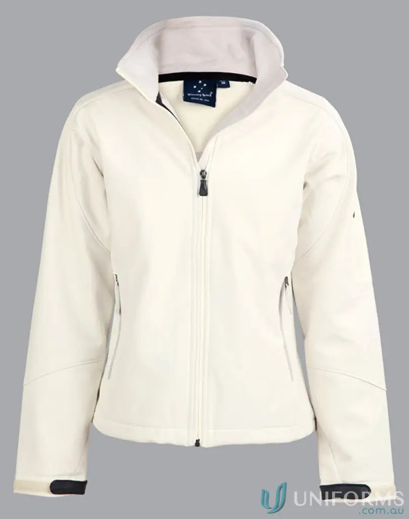 Cream-colored Winning Spirit Ladies HiTech Softshell Jacket with zippers and adjustable cuffs