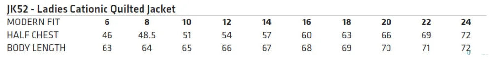 Ladies quilted jacket size chart for Winning Spirit Ladies Jasper Heather Bonded Cationic Jacket