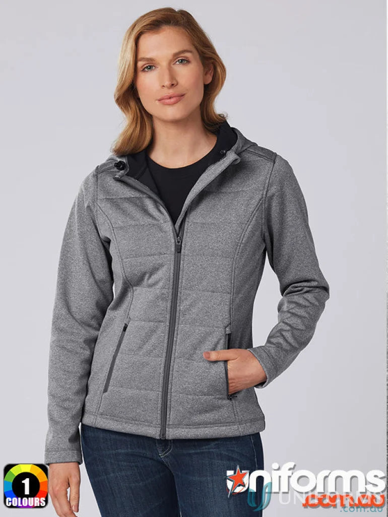 Woman wearing Winning Spirit Ladies Jasper Heather bonded cationic quilted jacket indoors