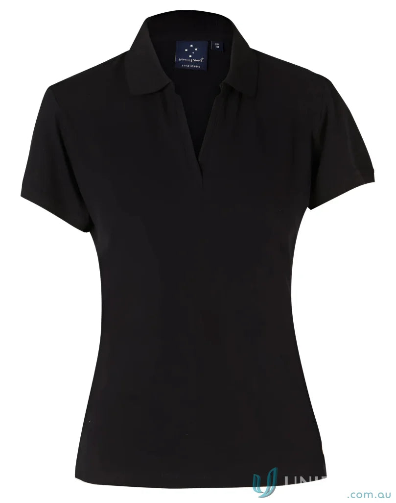 Black women’s polo shirt from Winning Spirit Ladies Longbeach Stretch Polo collection