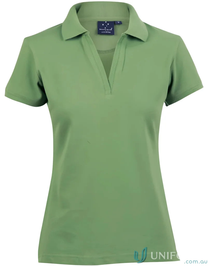 Green collared V-neck shirt from Winning Spirit Ladies Longbeach Stretch Polo collection