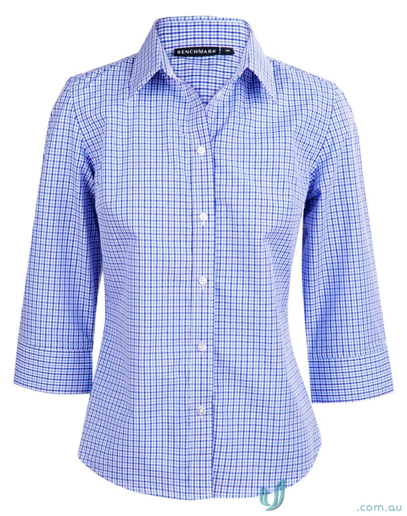 Blue and white checkered ladies multi-tone check shirt from Winning Spirit Ladies with tailored fit