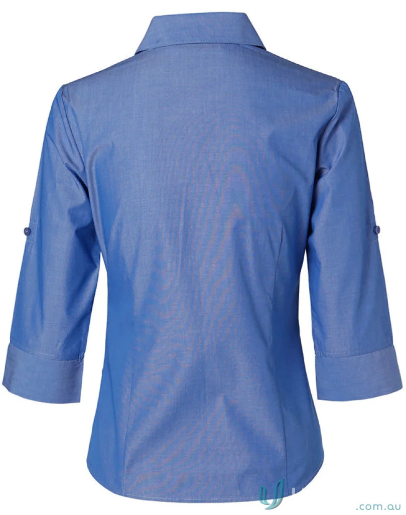 Blue button-down shirt made with nano silk protein for Winning Spirit Ladies Nano Tech 3Qtr Shirt