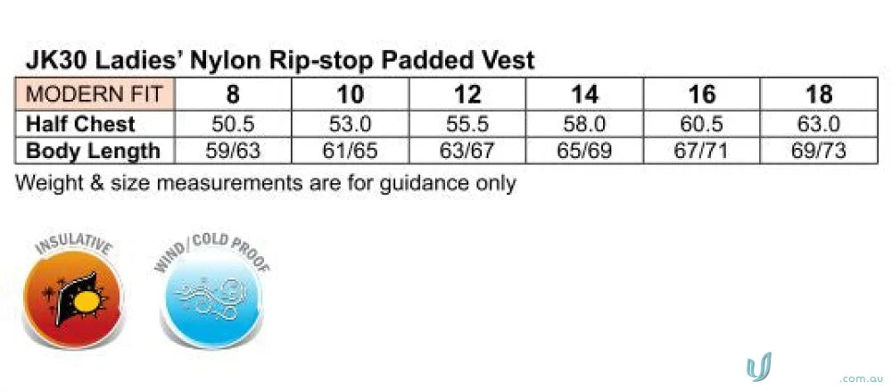 Alt text for Winning Spirit Ladies nylon rip-stop jk30 padded vest size chart with measurements