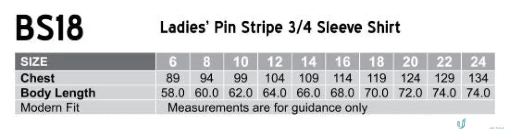 Ladies pin stripe shirt size chart for Winning Spirit bs18 pin stripe ladies workwear