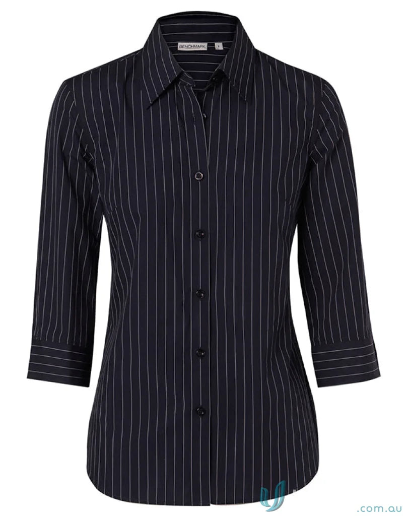 Black and white striped Winning Spirit Ladies Pinstripe 3Qtr Shirt for stylish ladies