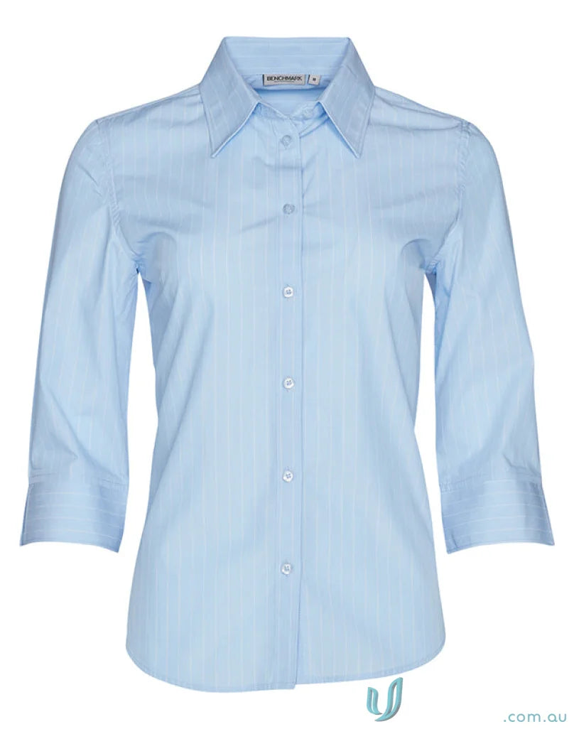 Light blue Winning Spirit Ladies Pinstripe 3qtr Shirt with button-down sleeves