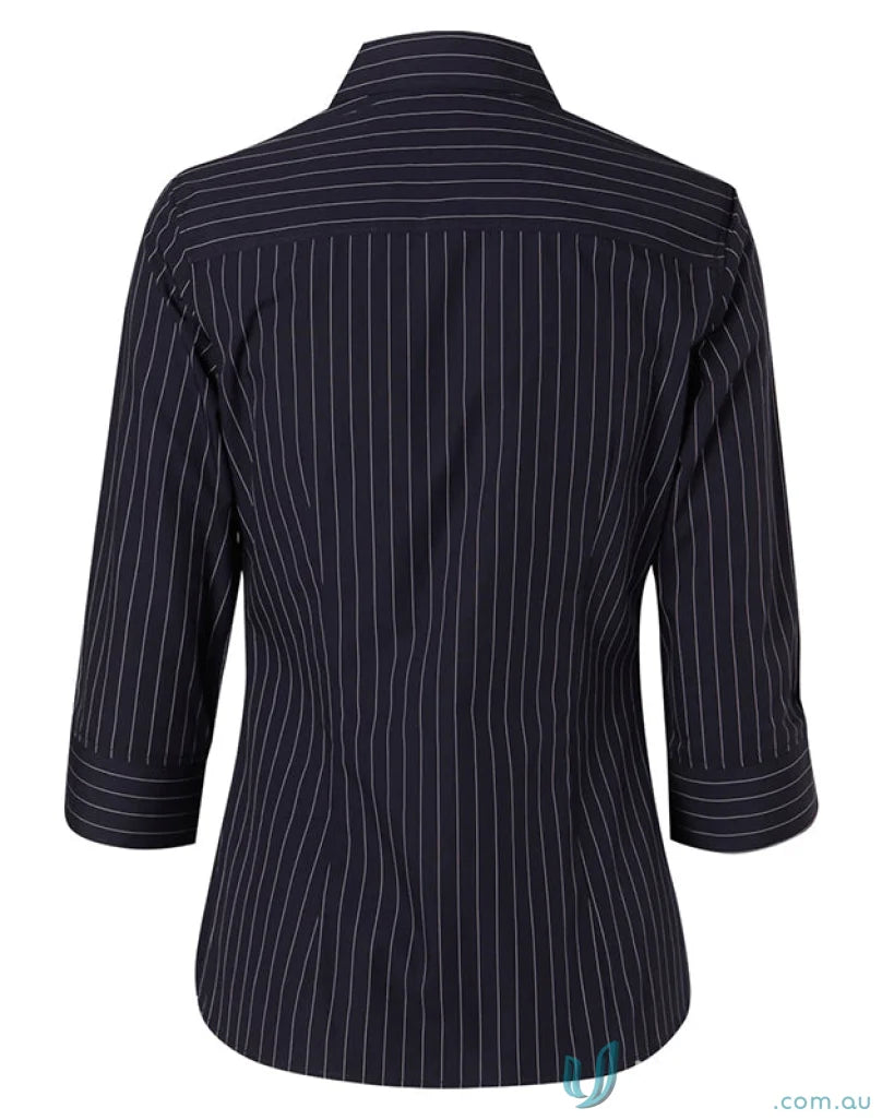Winning Spirit Ladies navy pinstripe three-quarter sleeve shirt for stylish looks