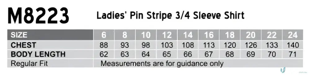 Ladies pinstripe SS shirt size chart for Winning Spirit Ladies pinstripe short sleeve shirt