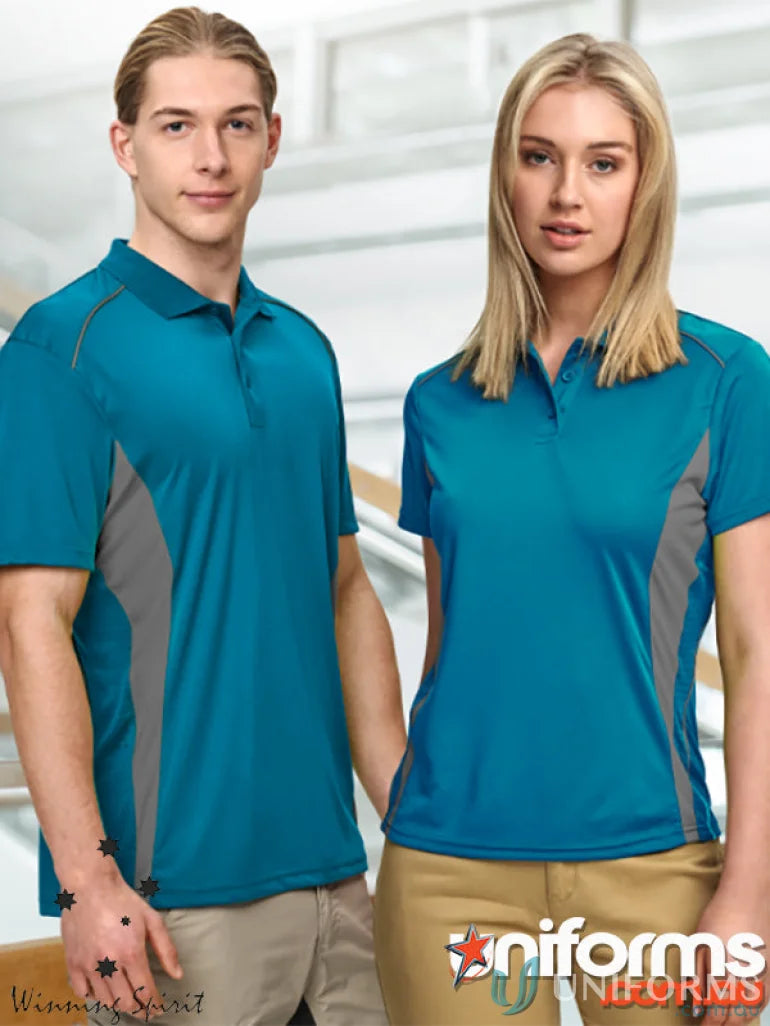 Two people showing off teal and grey Winning Spirit PS80 Pursuit Polo shirts for ladies