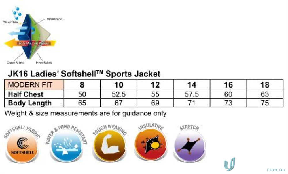 Size chart for Winning Spirit Ladies Rosewall Softshell Jacket JK16 Rosewall Softshell