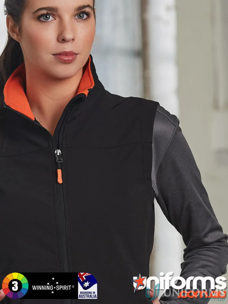 Black and gray Rosewall SoftShell Vest with orange accents, part of JK46 Rosewall collection