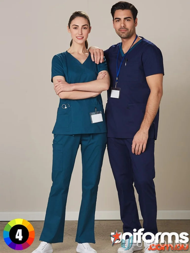 Winning Spirit Ladies semi-elastic waist scrub pants on two models for comfy workwear