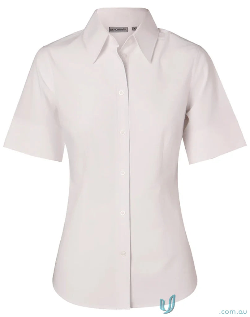 White short-sleeved button-down shirt from Winning Spirit Ladies Stretch collection
