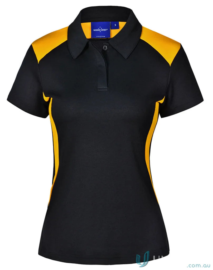 Black and gold women’s short-sleeved polo shirt from Winning Spirit Ladies TrueDry Winner collection