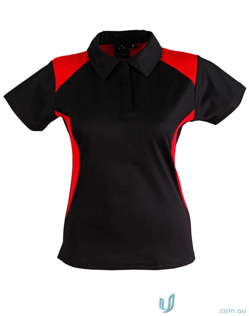 Winning Spirit Ladies TrueDry Winner Polo with black, red shoulder panels and side inserts